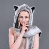 Faux Fur Winer Warm Hoods Hat Scarf Gloves with Paws Ears 3-in-1