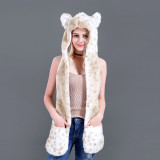 Leopard Faux Fur Winer Warm Hoods Hat Scarf Gloves with Paws Ears 3-in-1