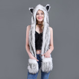Faux Fur Winer Warm Hoods Hat Scarf Gloves with Paws Ears 3-in-1