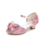 Kid Girls Sequins Pearl 3D Bowknot Flowers Open-Toed Sandal High Pumps Dress Shoes