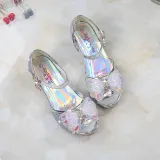 Kid Girls Sequins 3D Pearl Colorful Jewel Bowknot Open-Toed Sandal High Pumps Dress Shoes