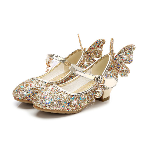 Kid Girls 3D Butterfly Sequins Glitter High Pumps Dress Shoes