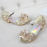 Kid Girls Sequins 3D Pearl Jewel Bowknot Open-Toed Sandal High Pumps Dress Shoes