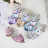 Kid Girls Sequins Glitter 3D Diamond Pearl Bowknot Open-Toed Sandals High Pumps Dress Shoes