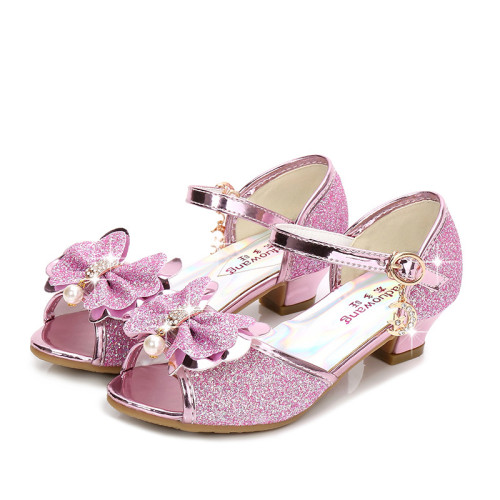 Kid Girls Sequins Glitter 3D Diamond Pearl Bowknot Open-Toed Sandals High Pumps Dress Shoes
