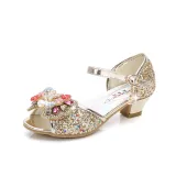 Kid Girls Sequins Pearl 3D Bowknot Flowers Open-Toed Sandal High Pumps Dress Shoes