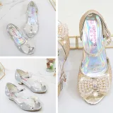 Kid Girls Sequins 3D Pearl Lace Bowknot Open-Toed Sandal High Pumps Dress Shoes