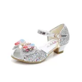 Kid Girls Sequins Pearl 3D Bowknot Flowers Open-Toed Sandal High Pumps Dress Shoes