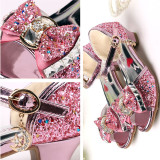 Kid Girls Sequins 3D Diamond Bowknot Open-Toed Sandals High Pumps Dress Shoes
