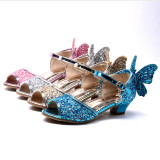 Kid Girls Sequins Glitter 3D Butterfly Open-Toed Sandal High Pumps Dress Shoes