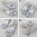 Kid Girls Sequins 3D Pearl Jewel Bowknot Open-Toed Sandal High Pumps Dress Shoes