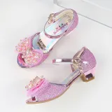 Kid Girls Sequins Beads Mesh Bowknot Open-Toed Sandals High Pumps Dress Shoes