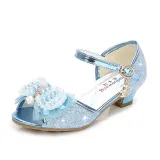 Kid Girls Sequins 3D Pearl Lace Bowknot Open-Toed Sandal High Pumps Dress Shoes
