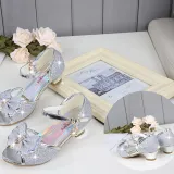 Kid Girls Sequins Glitter 3D Diamond Pearl Bowknot Open-Toed Sandals High Pumps Dress Shoes