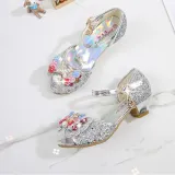 Kid Girls Sequins Pearl 3D Bowknot Flowers Open-Toed Sandal High Pumps Dress Shoes