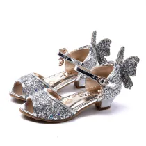 Kid Girls Sequins Glitter 3D Butterfly Open-Toed Sandal High Pumps Dress Shoes