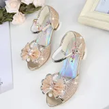 Kid Girls Sequins Glitter 3D Diamond Pearl Bowknot Open-Toed Sandals High Pumps Dress Shoes