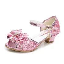Kid Girls Sequins 3D Pearl Jewel Bowknot Open-Toed Sandal High Pumps Dress Shoes