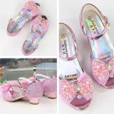 Kid Girls Sequins Beads Mesh Bowknot Open-Toed Sandals High Pumps Dress Shoes