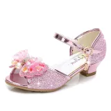 Kid Girls Sequins 3D Pearl Colorful Jewel Bowknot Open-Toed Sandal High Pumps Dress Shoes