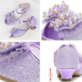 Kid Girls Sequins Beads Mesh Bowknot Open-Toed Sandals High Pumps Dress Shoes