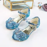 Kid Girls Sequins 3D Butterfly Open-Toed Sandals High Pumps Dress Shoes