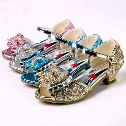 Kid Girls Sequins 3D Diamond Bowknot Open-Toed Sandals High Pumps Dress Shoes