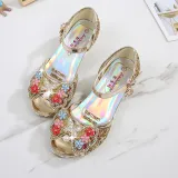 Kid Girls Sequins Pearl 3D Bowknot Flowers Open-Toed Sandal High Pumps Dress Shoes