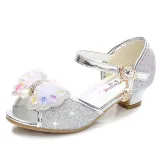 Kid Girls Sequins 3D Pearl Colorful Jewel Bowknot Open-Toed Sandal High Pumps Dress Shoes
