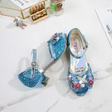 Kid Girls Sequins Pearl 3D Bowknot Flowers Open-Toed Sandal High Pumps Dress Shoes