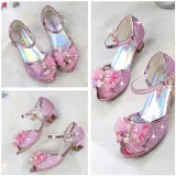 Kid Girls Sequins 3D Pearl Colorful Jewel Bowknot Open-Toed Sandal High Pumps Dress Shoes