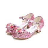 Kid Girls Sequins Pearl 3D Bowknot Flowers Open-Toed Sandal High Pumps Dress Shoes