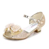 Kid Girls Sequins 3D Pearl Lace Bowknot Open-Toed Sandal High Pumps Dress Shoes