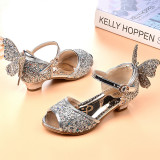 Kid Girls Sequins Glitter 3D Butterfly Open-Toed Sandal High Pumps Dress Shoes