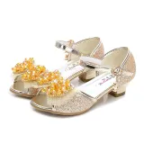 Kid Girls Sequins Beads Mesh Bowknot Open-Toed Sandals High Pumps Dress Shoes