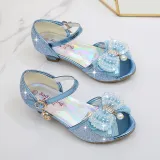 Kid Girls Sequins 3D Pearl Lace Bowknot Open-Toed Sandal High Pumps Dress Shoes