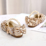 Kid Girls Sequins Pearl 3D Bowknot Flat Dress Shoes