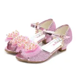 Kid Girls Sequins Beads Mesh Bowknot Open-Toed Sandals High Pumps Dress Shoes