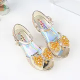 Kid Girls Sequins Beads Mesh Bowknot Open-Toed Sandals High Pumps Dress Shoes