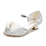 Kid Girls Sequins 3D Pearl Lace Bowknot Open-Toed Sandal High Pumps Dress Shoes