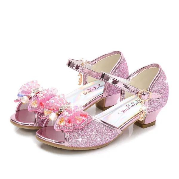 Kid Girls Sequins 3D Pearl Colorful Jewel Bowknot Open-Toed Sandal High Pumps Dress Shoes