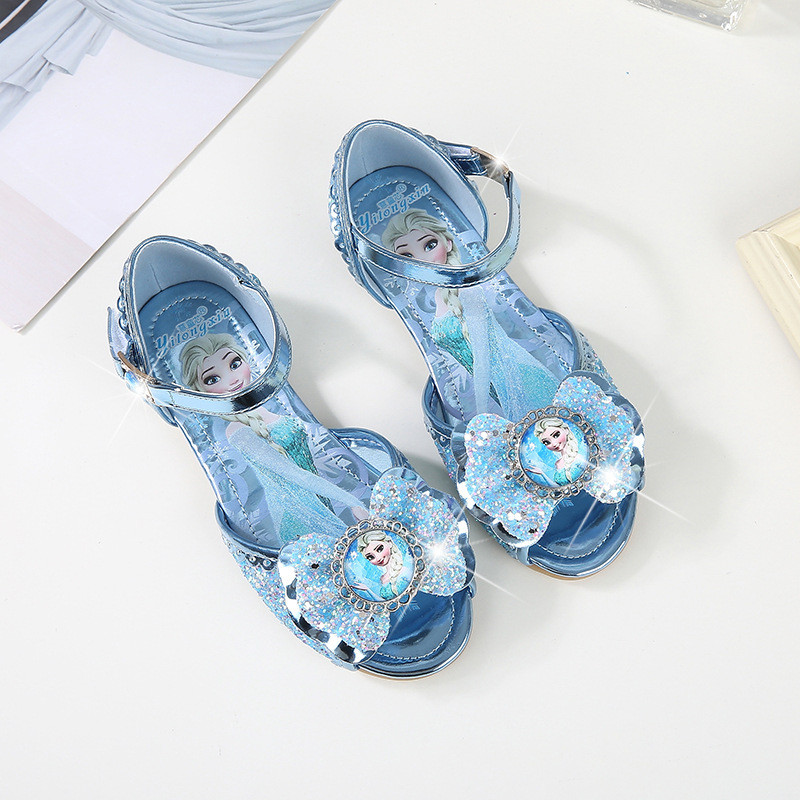 Kid Girls Frozen Princess Aisha Sequins 3d Bowknot Open Toed Flat Sandals Dress Shoes