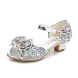 Kid Girls Sequins 3D Pearl Jewel Bowknot Open-Toed Sandal High Pumps Dress Shoes