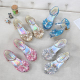 Kid Girls Sequins 3D Pearl Jewel Bowknot Open-Toed Sandal High Pumps Dress Shoes