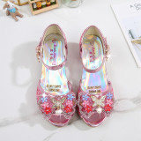 Kid Girls Sequins Pearl 3D Bowknot Flowers Open-Toed Sandal High Pumps Dress Shoes