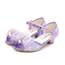 Kid Girls Sequins 3D Pearl Lace Bowknot Open-Toed Sandal High Pumps Dress Shoes