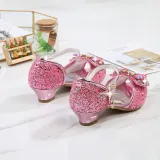 Kid Girls Sequins Pearl 3D Bowknot Flowers Open-Toed Sandal High Pumps Dress Shoes