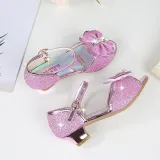 Kid Girls Sequins Glitter 3D Diamond Pearl Bowknot Open-Toed Sandals High Pumps Dress Shoes