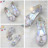 Kid Girls Sequins 3D Pearl Colorful Jewel Bowknot Open-Toed Sandal High Pumps Dress Shoes