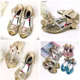 Kid Girls Sequins 3D Diamond Bowknot Open-Toed Sandals High Pumps Dress Shoes